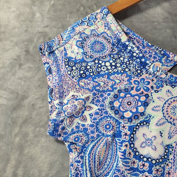 Talbots Womens Paisley Print Top Sp Blue Pink White Boho Tee Active Twisted Back - Picture 3 of 10